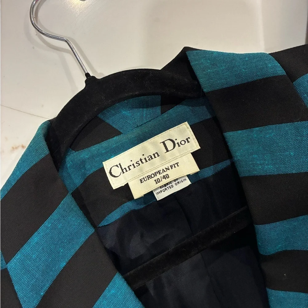 Christian Dior Women's Bold Teal and Black Striped Blazer vintage